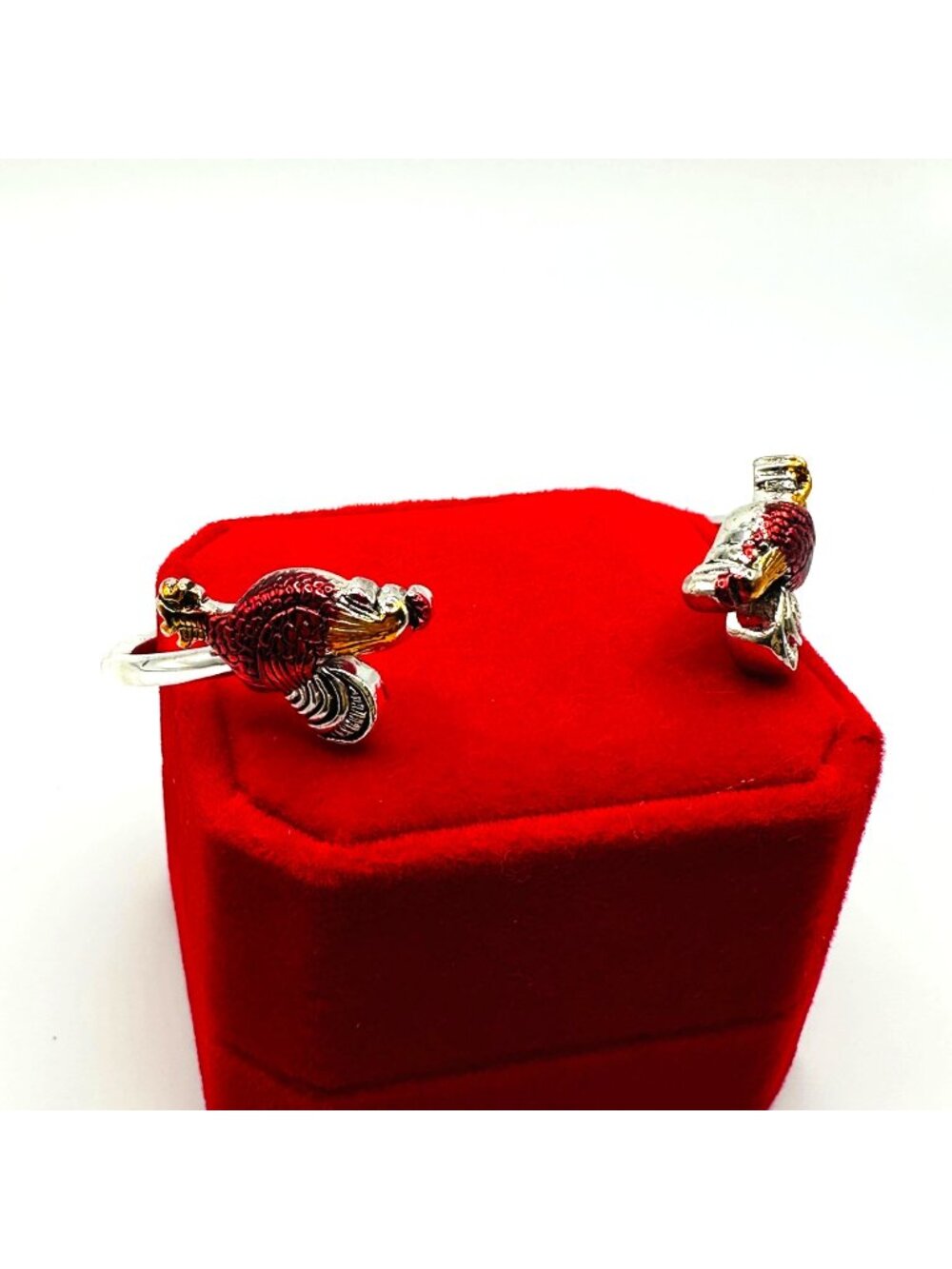 Rooster Open Cuff Bracelet Silver-Plated Red Enamel Vintage 90s New old stock